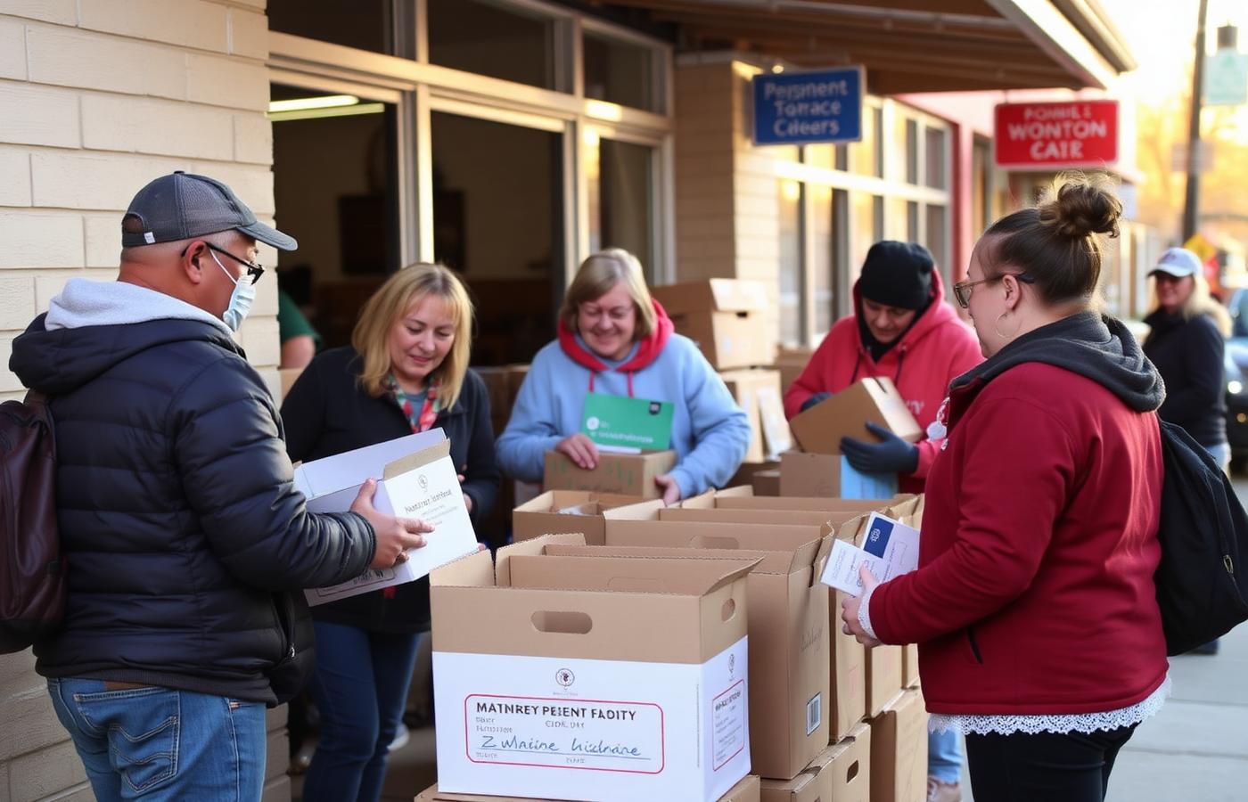 Neighbors sorting donation boxes at a Northline community drive