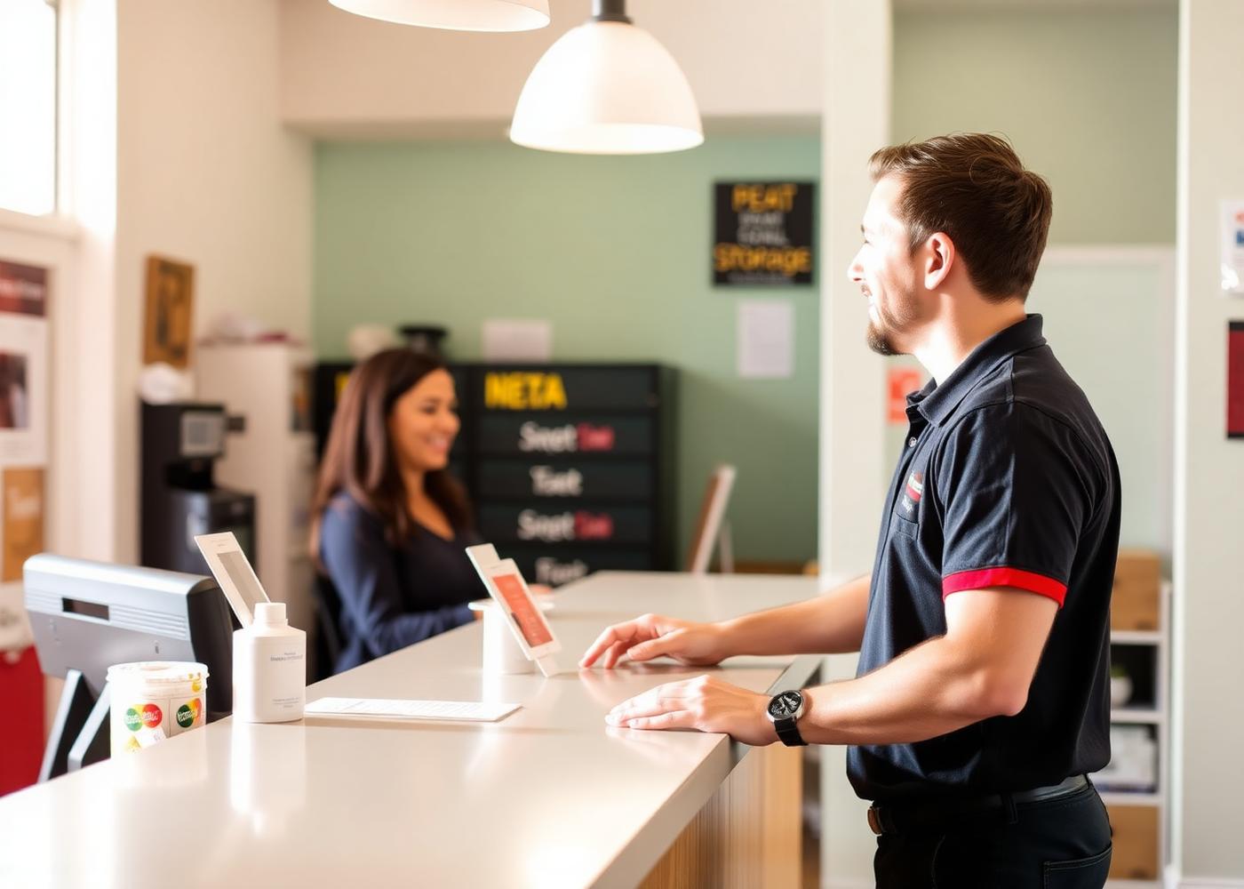 A Northline facility manager greeting a customer at the front counter